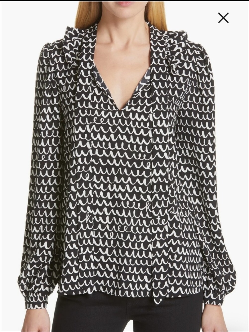 Kate Spade Tie Neck Long Sleeve Doodle Scribble Wave Squiggly Squiggle Lines Top